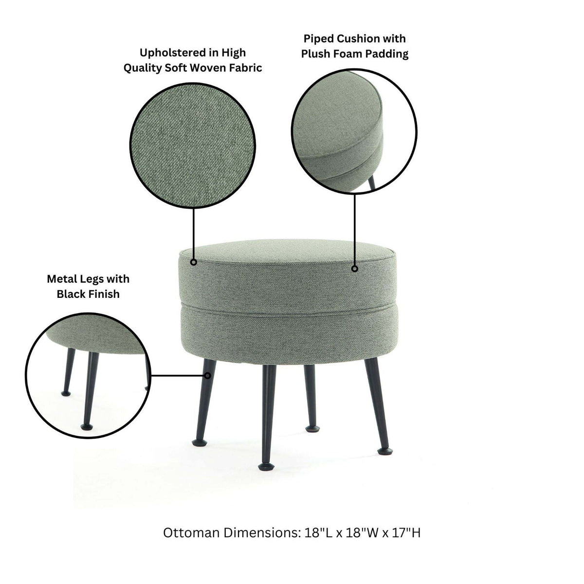Bailey Accent Ottoman, HouseOfZazla, sage green woven fabric, plush piped cushion, black metal legs on Tampa Home & Garden Store