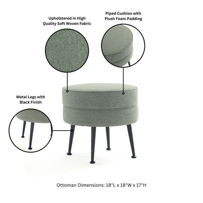 Bailey Accent Ottoman, HouseOfZazla, sage green woven fabric, plush piped cushion, black metal legs on Tampa Home & Garden Store