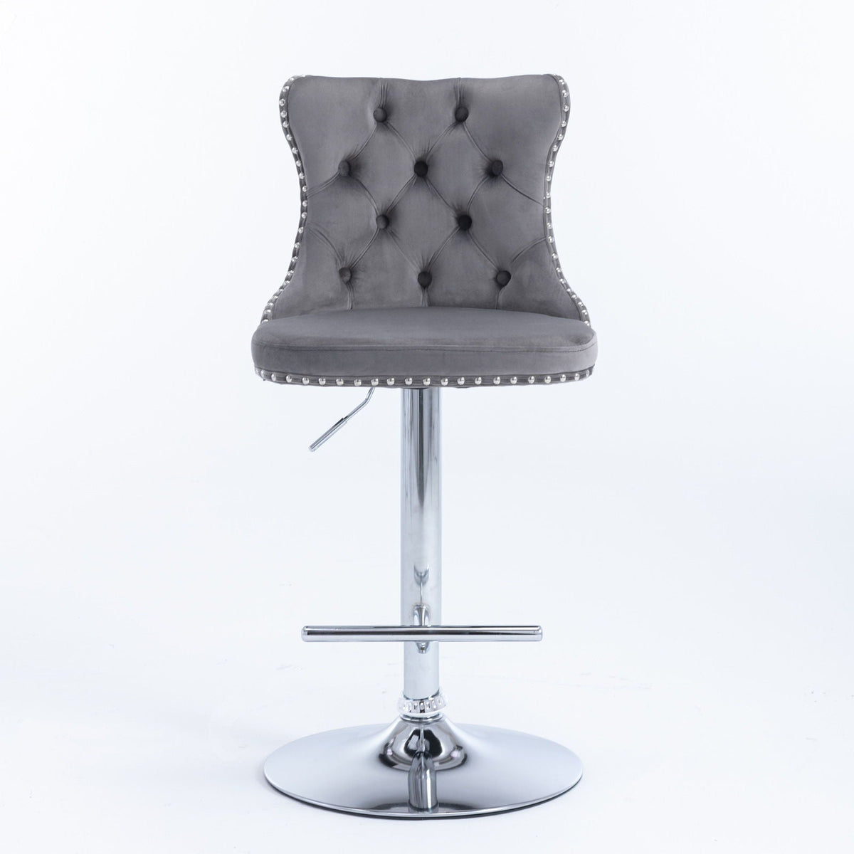Swivel adjustable-height barstool set of 2, gray tufted upholstery with chrome base and studded trim on Tampa Home & Garden Store