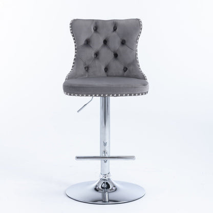 Swivel adjustable-height barstool set of 2, gray tufted upholstery with chrome base and studded trim on Tampa Home & Garden Store