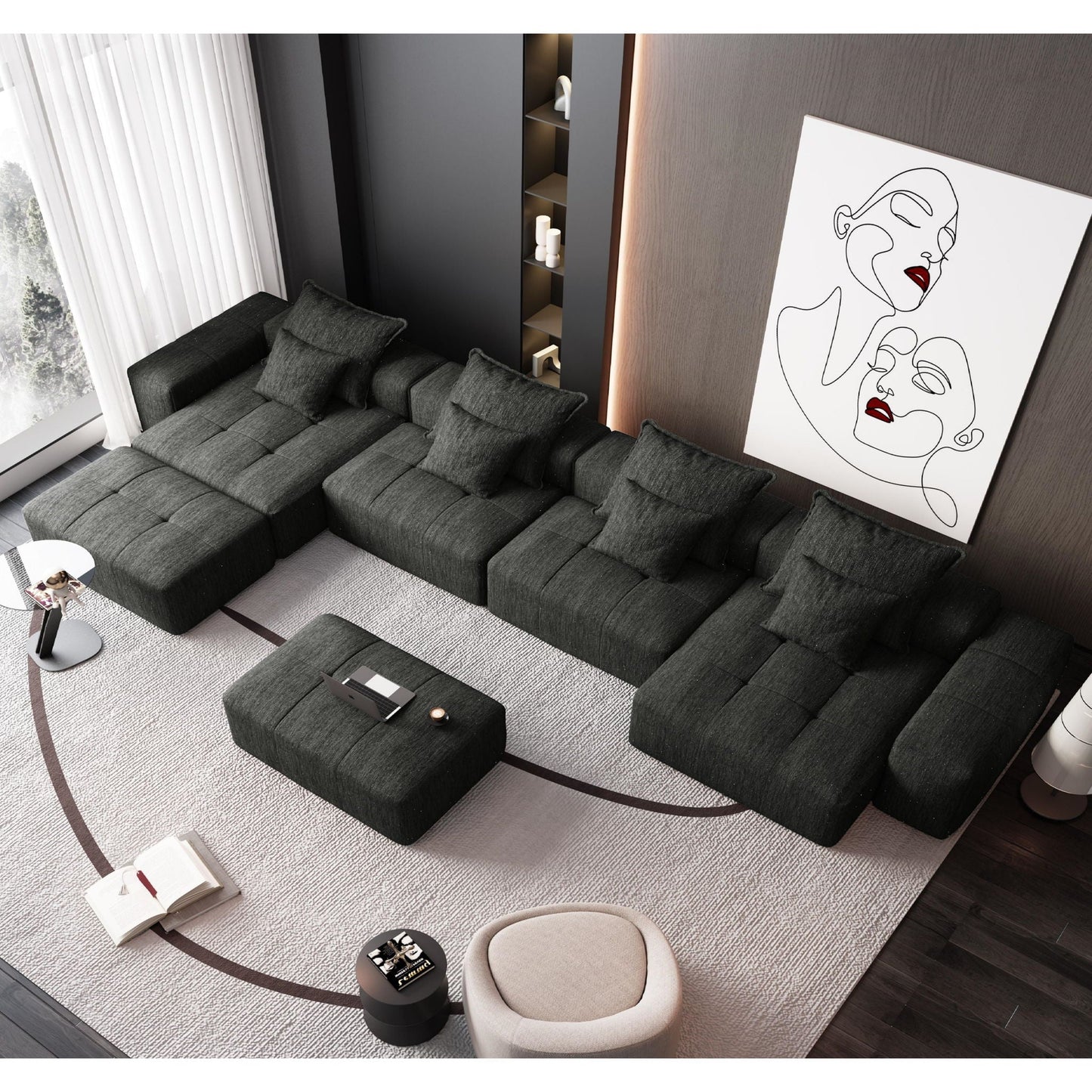 Modern oversized DIY modular sectional sofa in dark grey fabric with cushions in a modern living on Tampa Home & Garden Store
