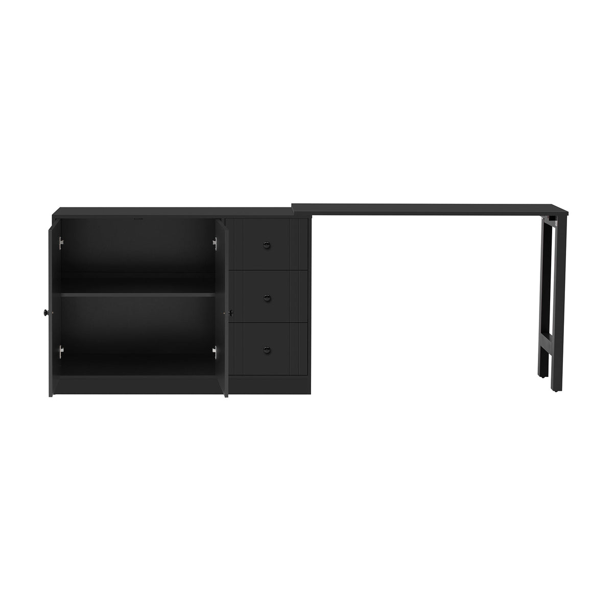 Wooden sideboard with extendable black table; left cabinet open, right drawer stack on Tampa Home & Garden Store