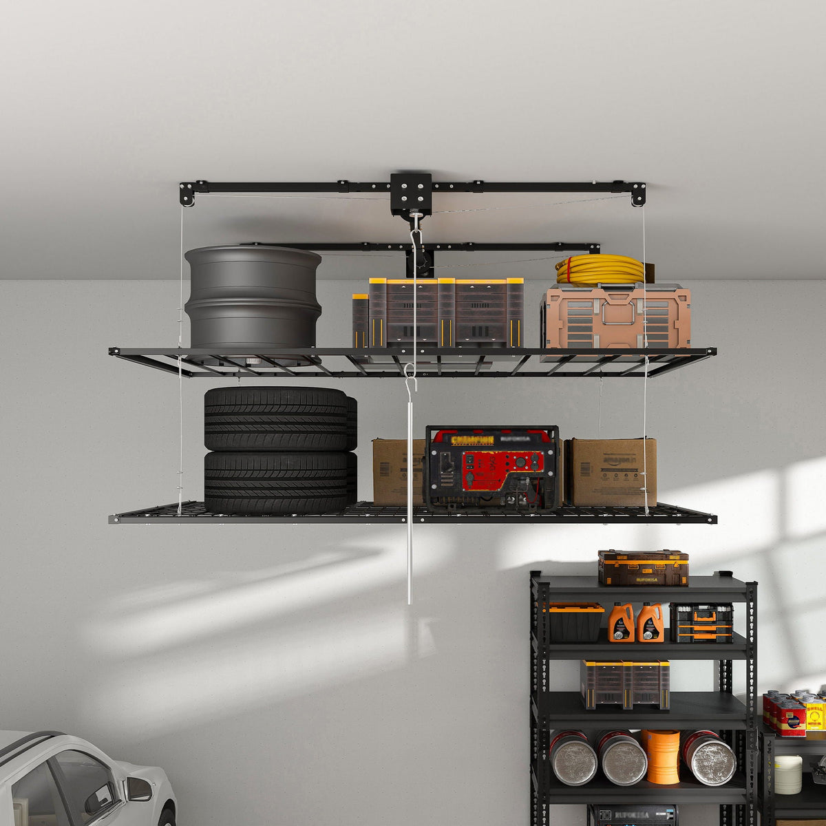 Overhead garage storage rack with crank system in black holds tires and tools HouseOfZazla on Tampa Home & Garden Store
