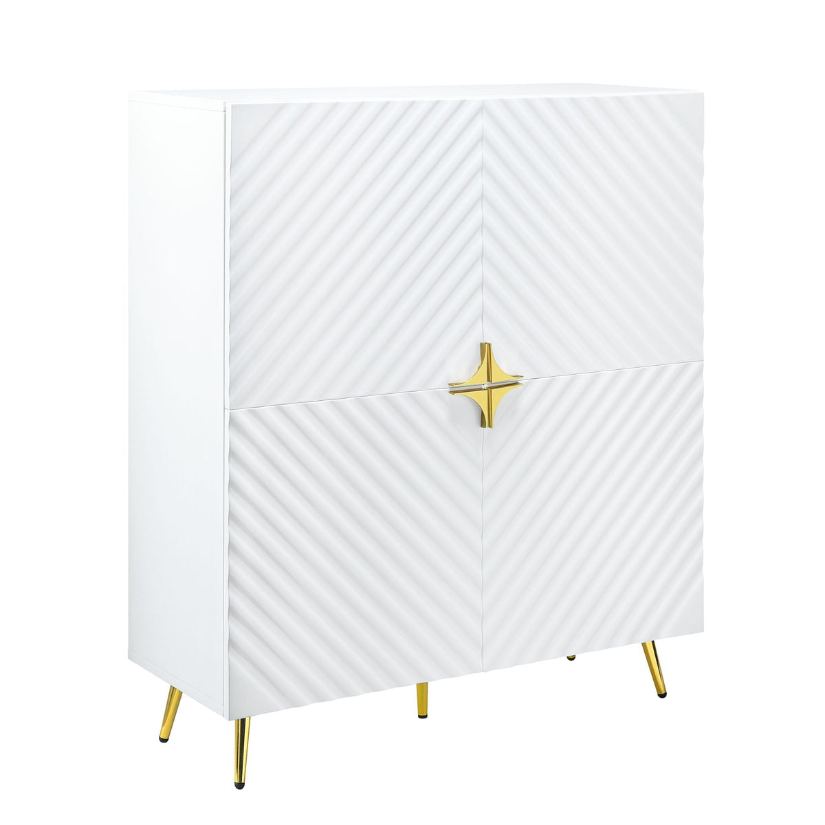 High-gloss white accent cabinet with ribbed diagonal doors and gold tapered legs, HouseOfZazla on Tampa Home & Garden Store