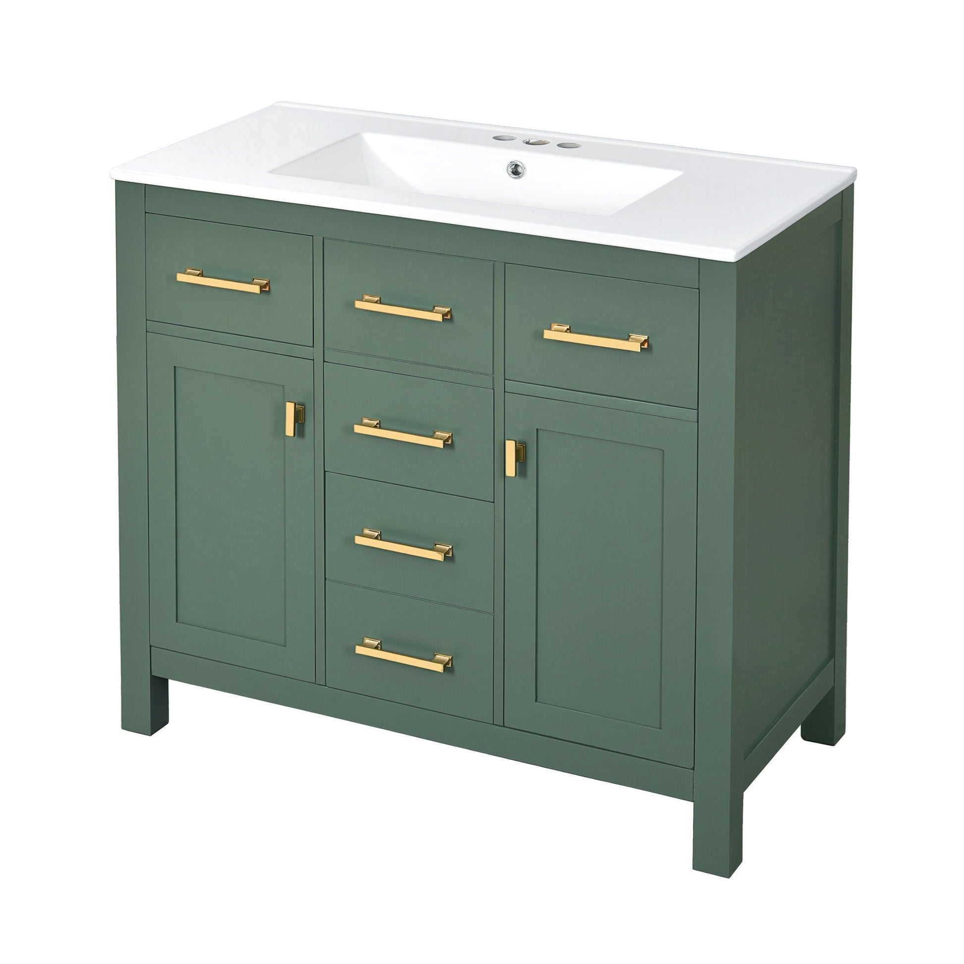 Bathroom vanity with sink, green cabinet, white countertop, gold bar handles, 4 drawers on Tampa Home & Garden Store