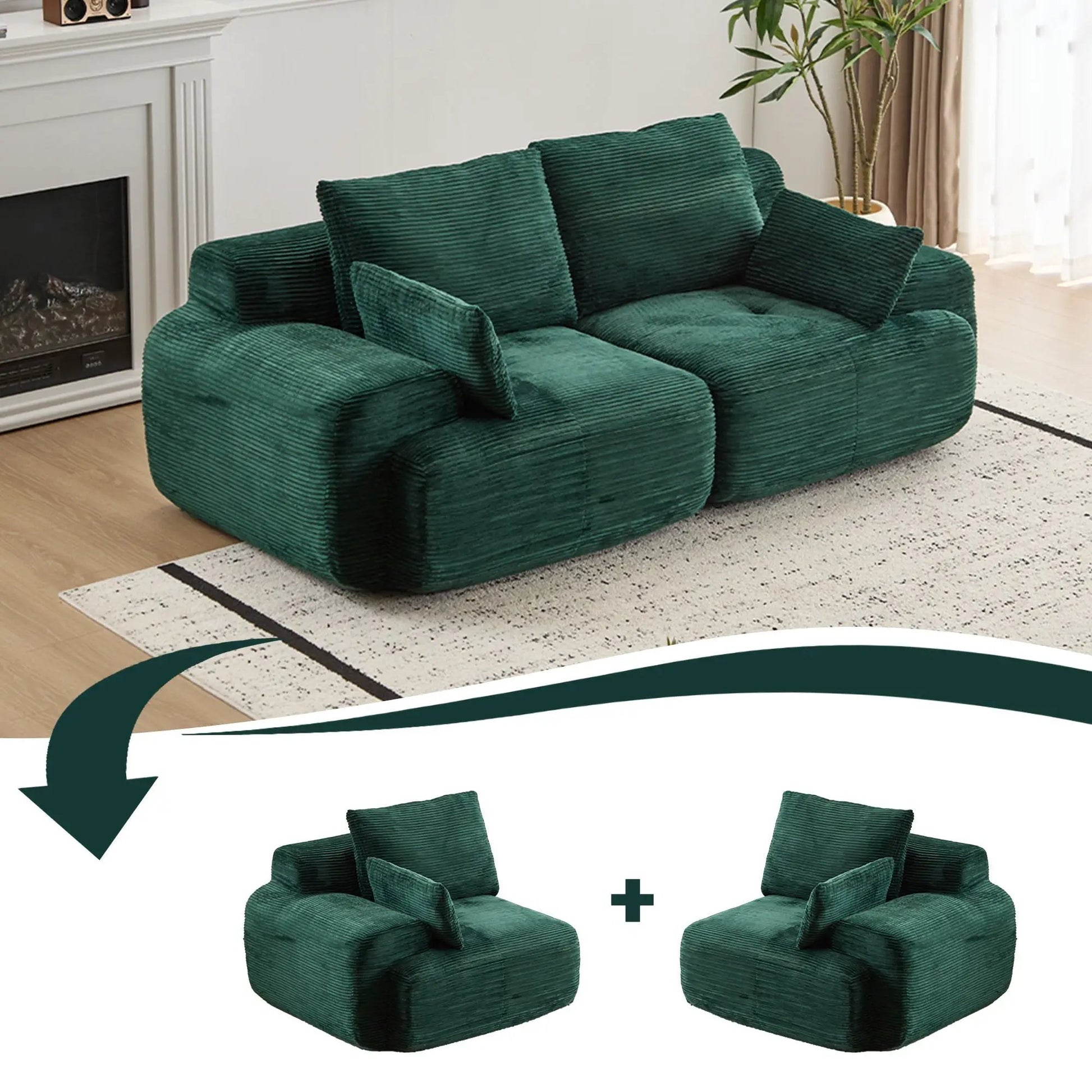 Stationary sofas 2-seater large emerald green corduroy sectional for living room on Tampa Home & Garden Store
