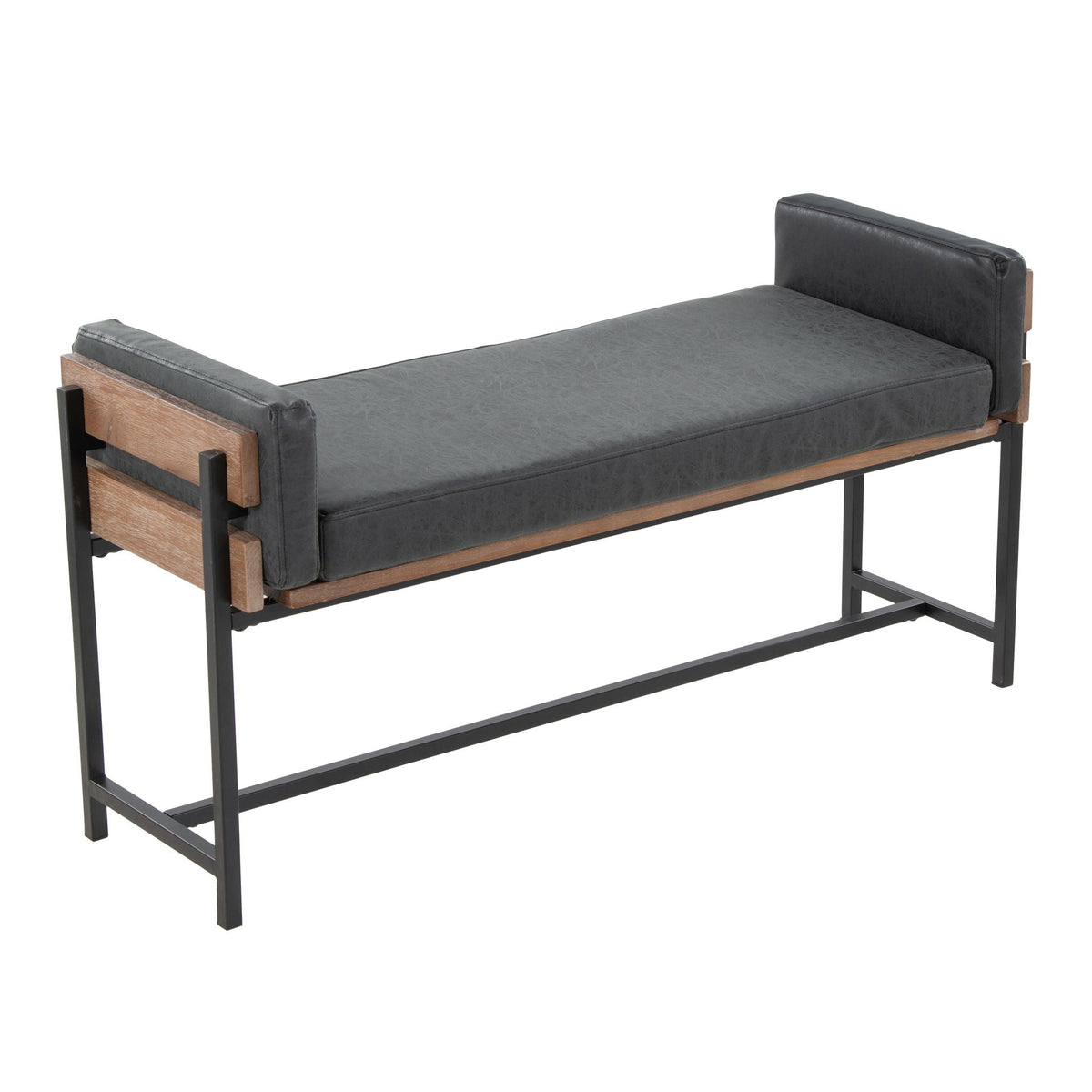 Upholstered farmhouse bench with wood panel accents in dark gray faux leather by HouseOfZazla on Tampa Home & Garden Store