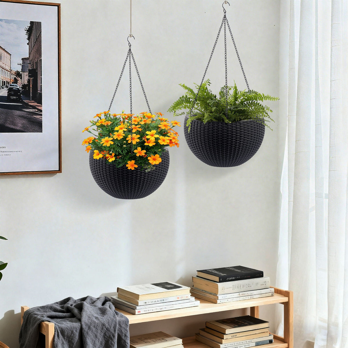 Self Watering Hanging Planter pair in black woven baskets orange flowers and fern HouseOfZazla on Tampa Home & Garden Store