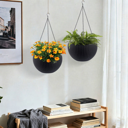 Self Watering Hanging Planter pair in black woven baskets orange flowers and fern HouseOfZazla on Tampa Home & Garden Store