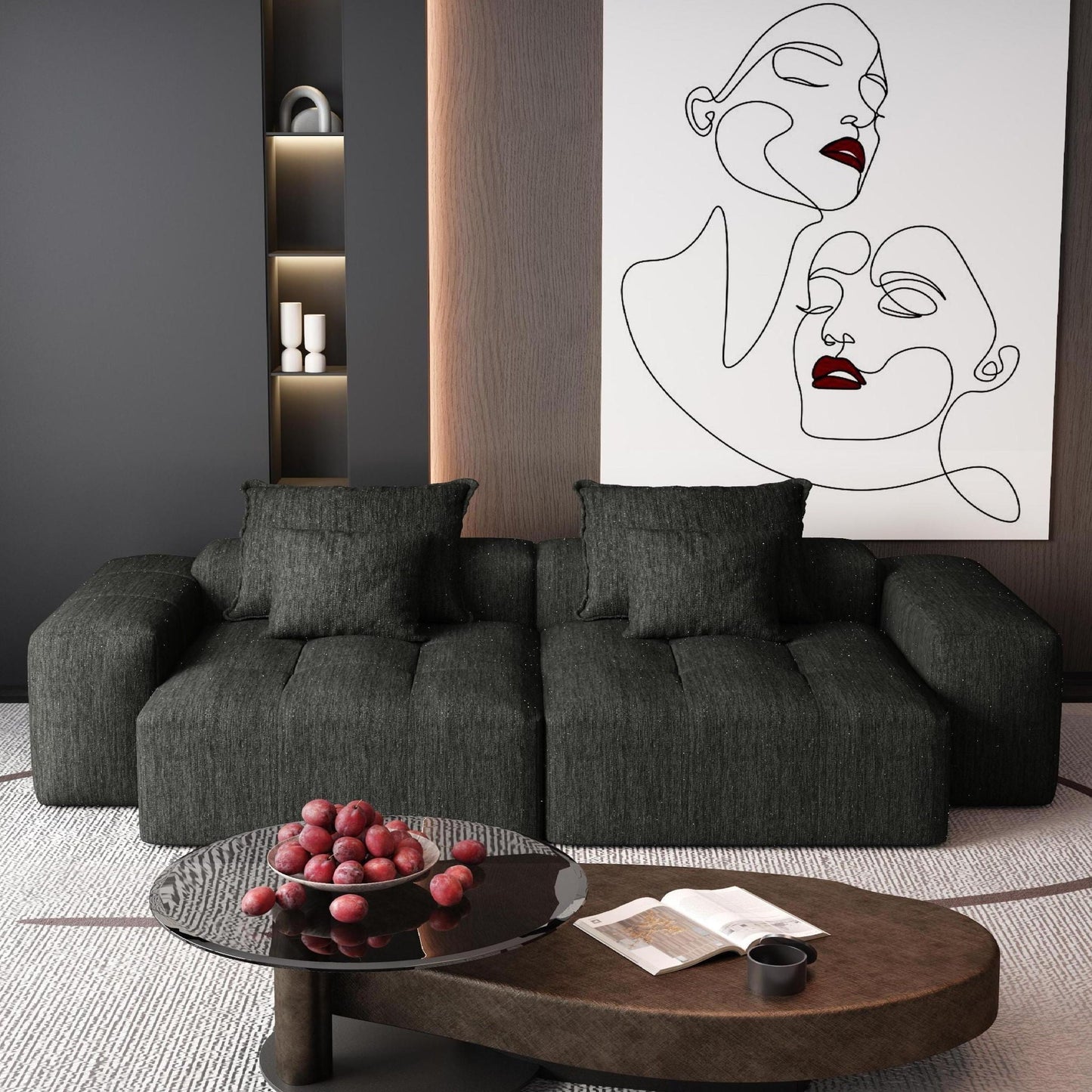 Modern modular sectional sofa with pillows in charcoal-gray fabric by HouseOfZazla on Tampa Home & Garden Store