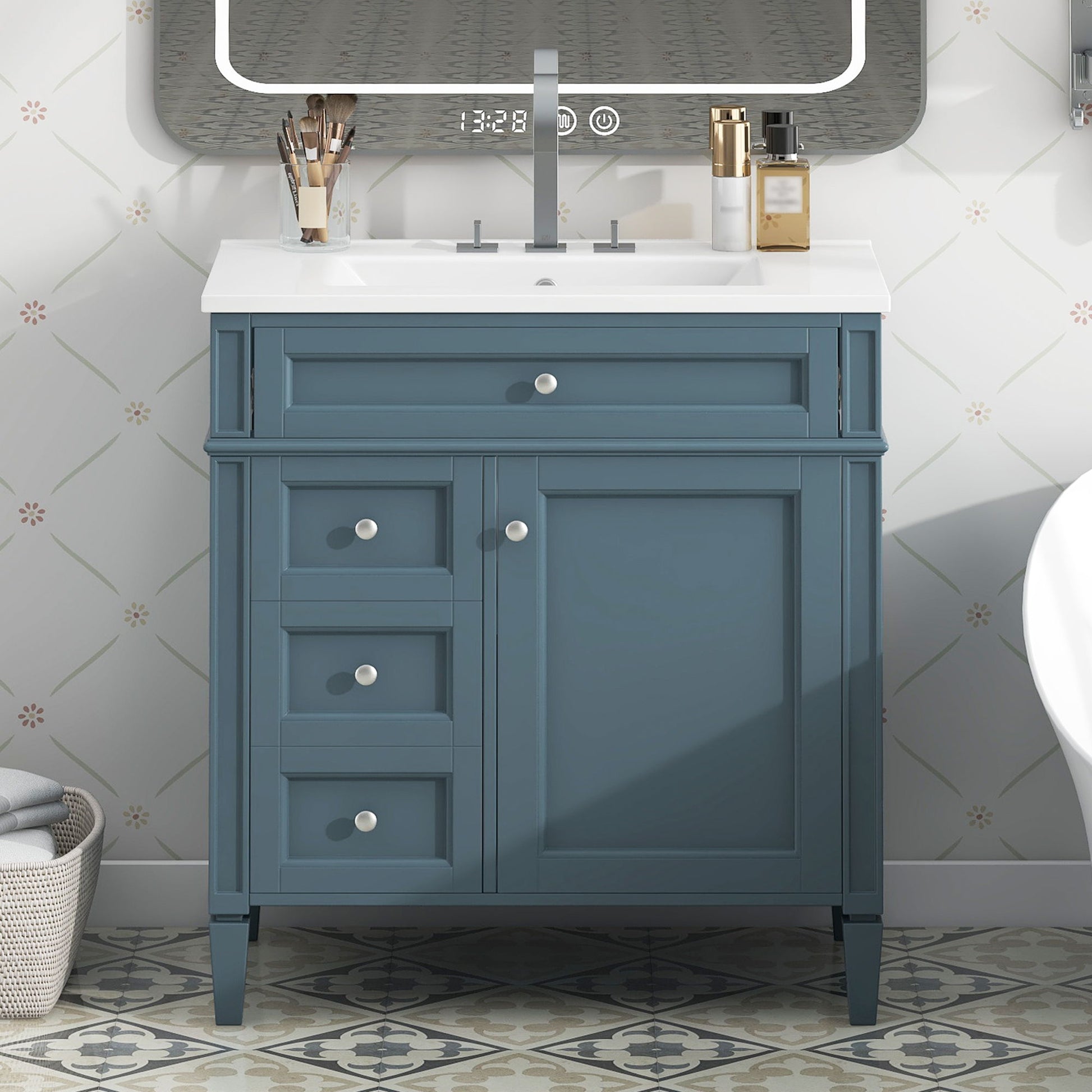 Blue bathroom vanity with top sink and storage drawers by HouseOfZazla on Tampa Home & Garden Store