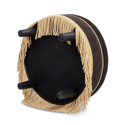 Yolanda 24-in Round Upholstered Accent Ottoman deep brown velvet with gold fringe detailing on Tampa Home & Garden Store