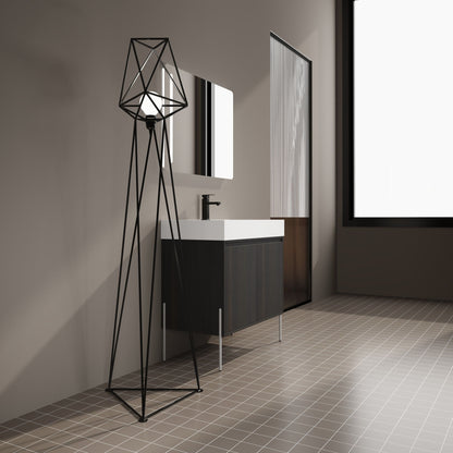 Freestanding vanity with white resin sink and dark storage cabinet in a modern bathroom on Tampa Home & Garden Store