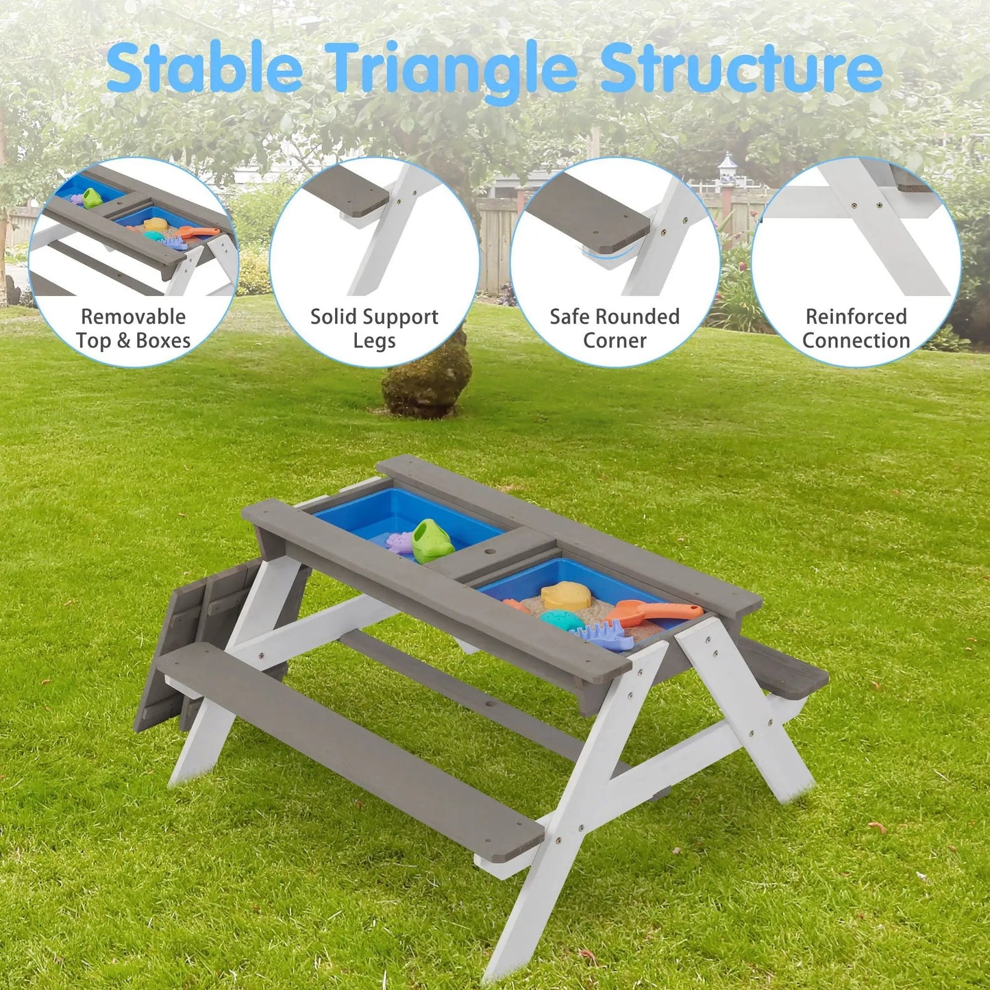 3-In-1 kids outdoor wooden picnic table with blue sand & water bins on gray frame on Tampa Home & Garden Store