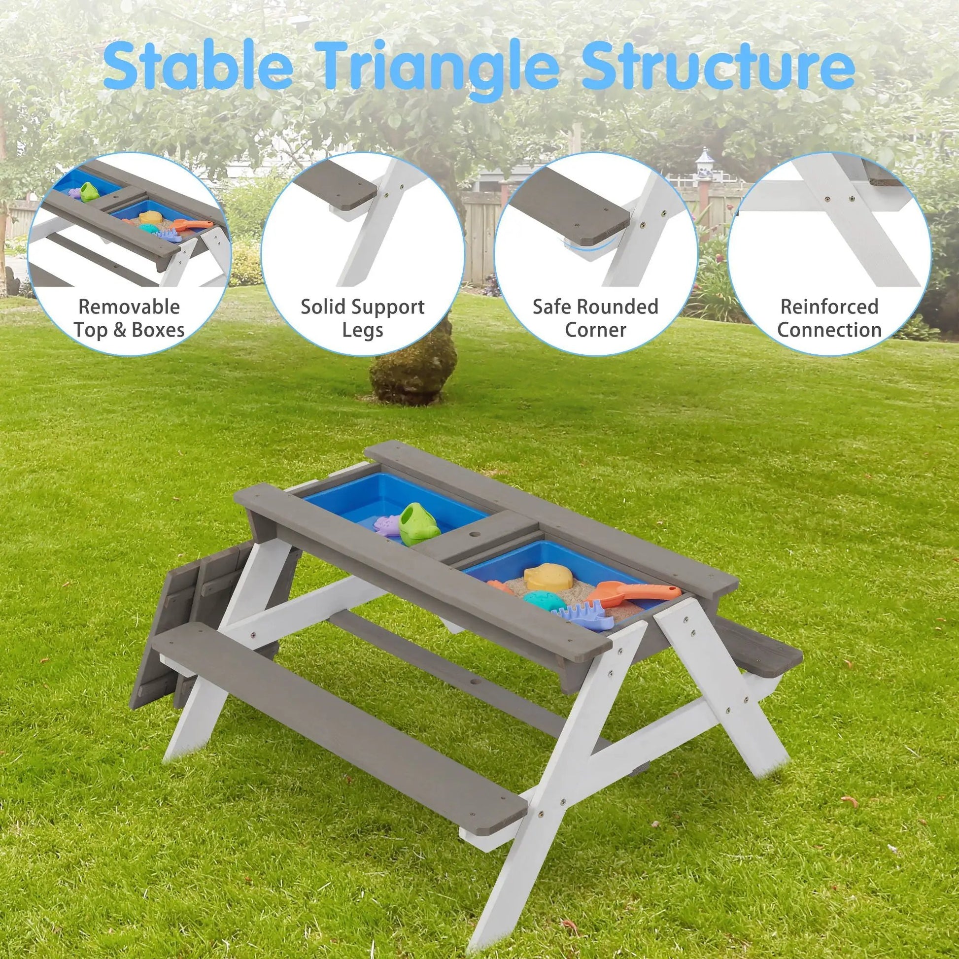 3-In-1 kids outdoor wooden picnic table with blue sand & water bins on gray frame on Tampa Home & Garden Store