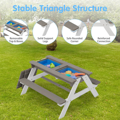 3-In-1 kids outdoor wooden picnic table with blue sand & water bins on gray frame on Tampa Home & Garden Store
