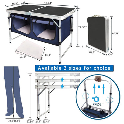 Folding camping table and storage compartment