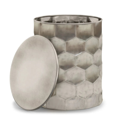 Whitney Handcrafted Metal Storage Table, silver hammered finish with geometric facet panels on Tampa Home & Garden Store