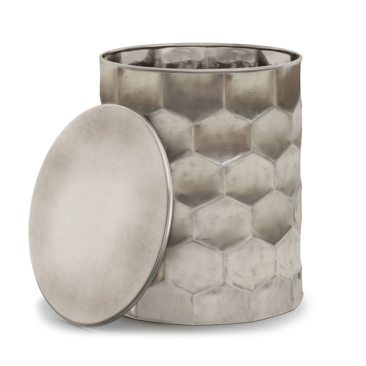 Handcrafted metal storage coffee table; removable top, brushed silver, faceted cylinder on Tampa Home & Garden Store