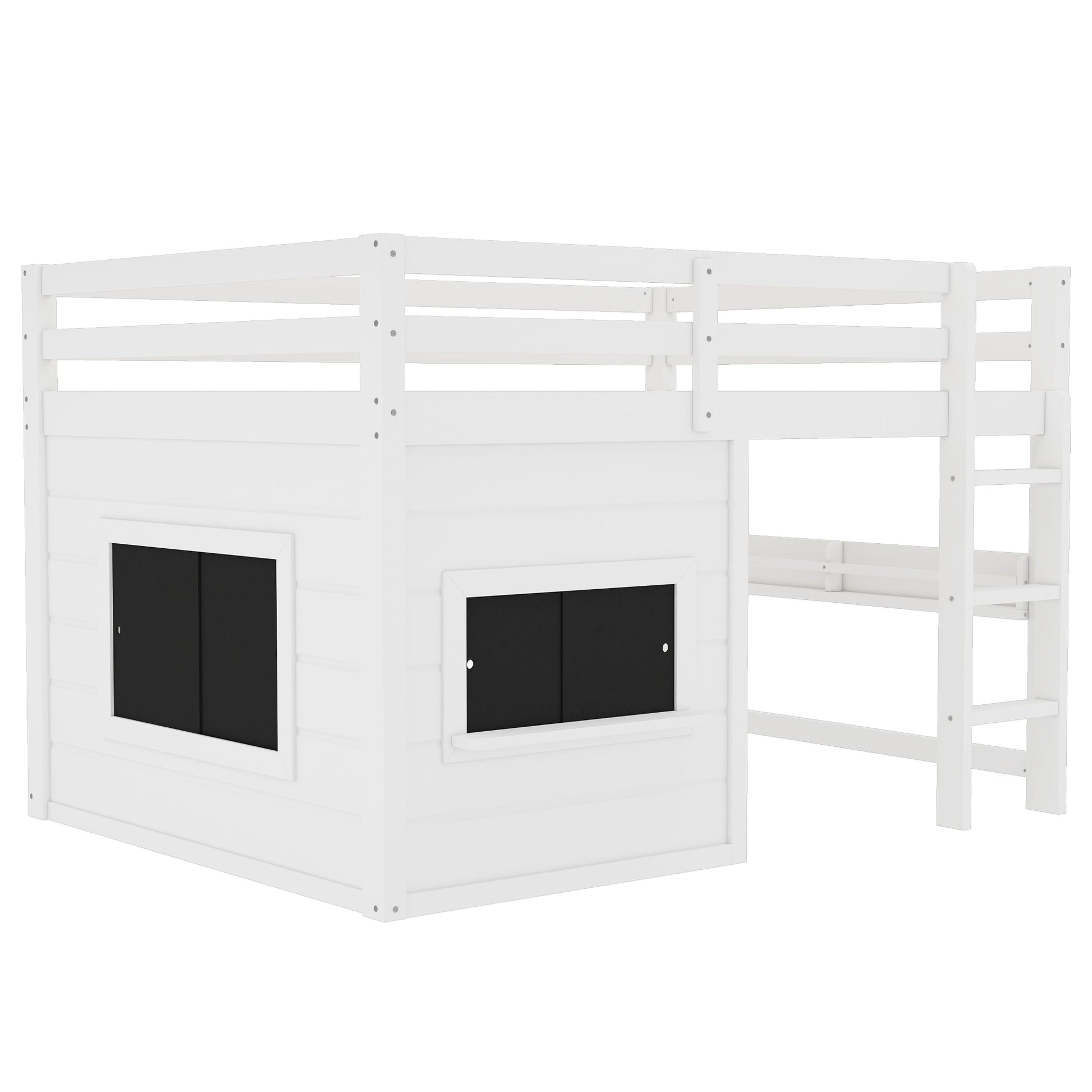 Full size loft bed with sliding chalkboard & bookshelf, white frame with black drawers, HouseOfZazla on Tampa Home & Garden Store