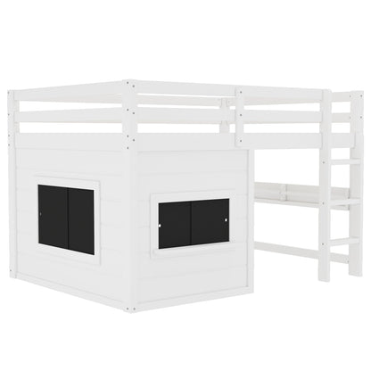 Full size loft bed with sliding chalkboard & bookshelf, white frame with black drawers, HouseOfZazla on Tampa Home & Garden Store