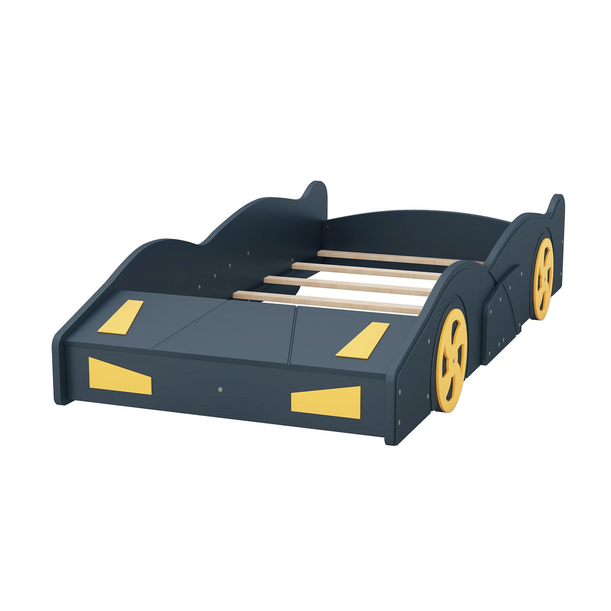 Race car shaped platform bed with wheels and storage, dark blue with yellow accents on Tampa Home & Garden Store