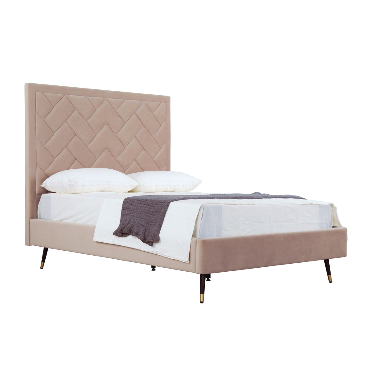 Crosby bed with tan upholstered headboard diamond pattern slats white bedding HouseOfZazla on Tampa Home & Garden Store