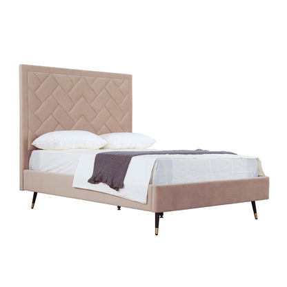 Crosby bed with tan upholstered headboard diamond pattern slats white bedding HouseOfZazla on Tampa Home & Garden Store