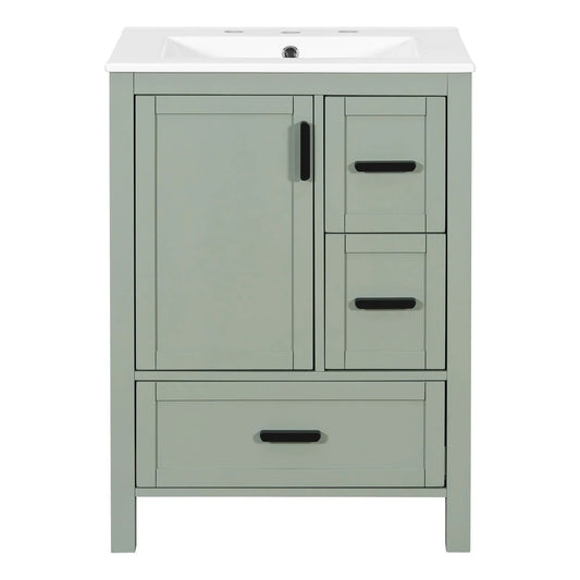 Bathroom vanity with sink in sage green, soft-close doors, 3 drawers and double-layer shelf on Tampa Home & Garden Store