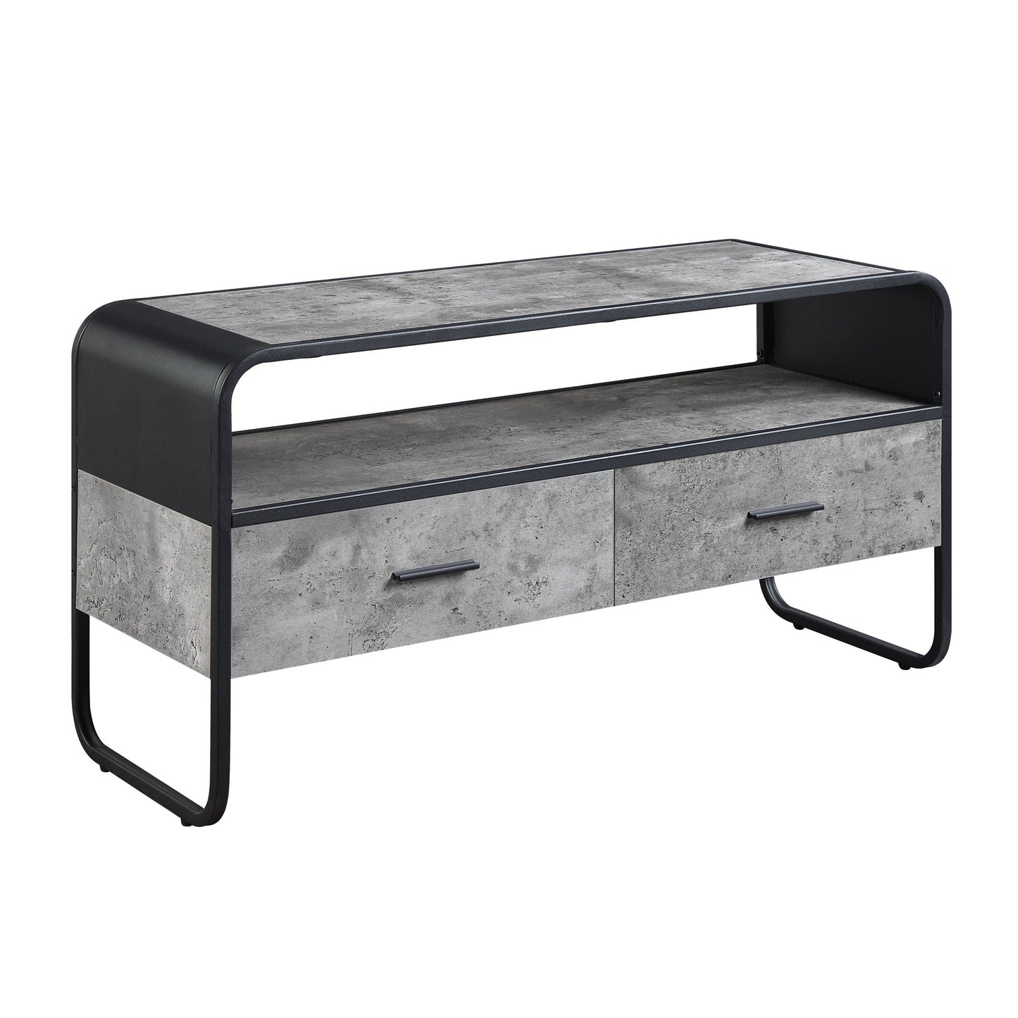 Raziela TV Stand & Storage by HouseOfZazla, black metal frame with concrete gray top on Tampa Home & Garden Store