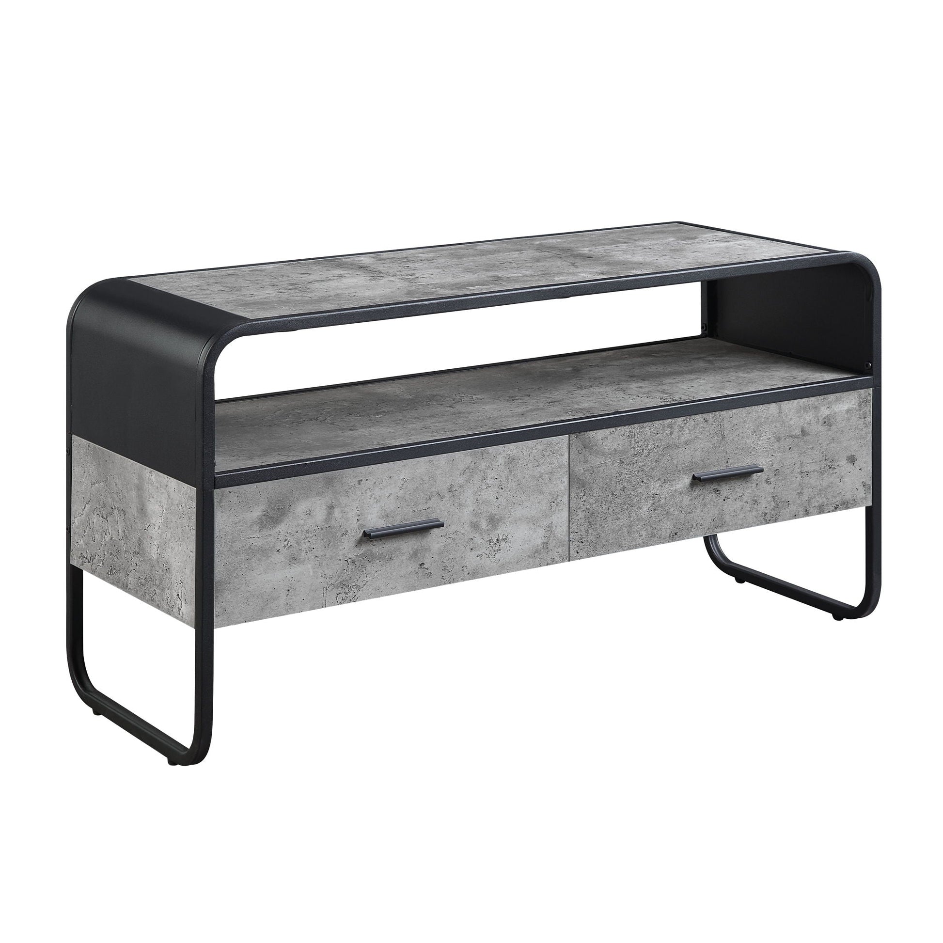 Raziela TV Stand & Storage by HouseOfZazla, black metal frame with concrete gray top on Tampa Home & Garden Store