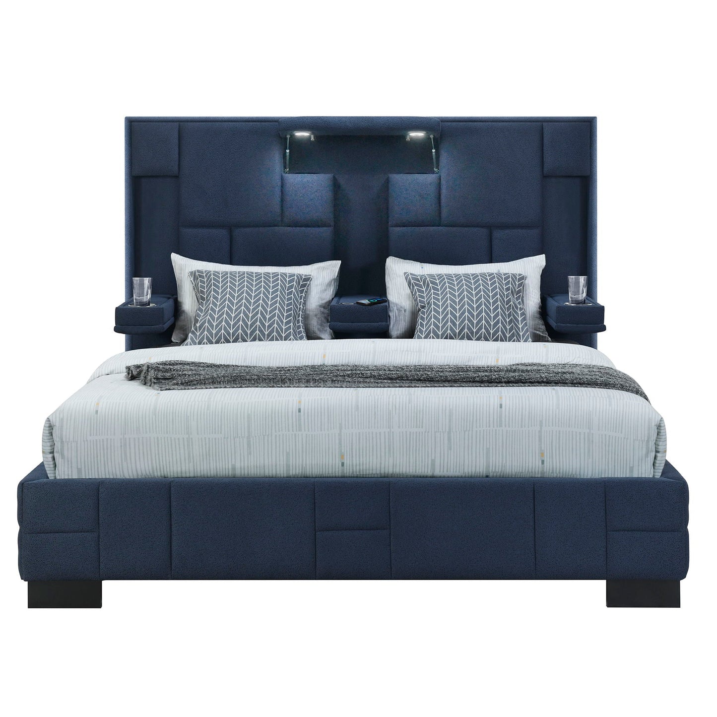 Yaris bed by HouseOfZazla in navy blue tufted upholstery with built-in reading lights on Tampa Home & Garden Store