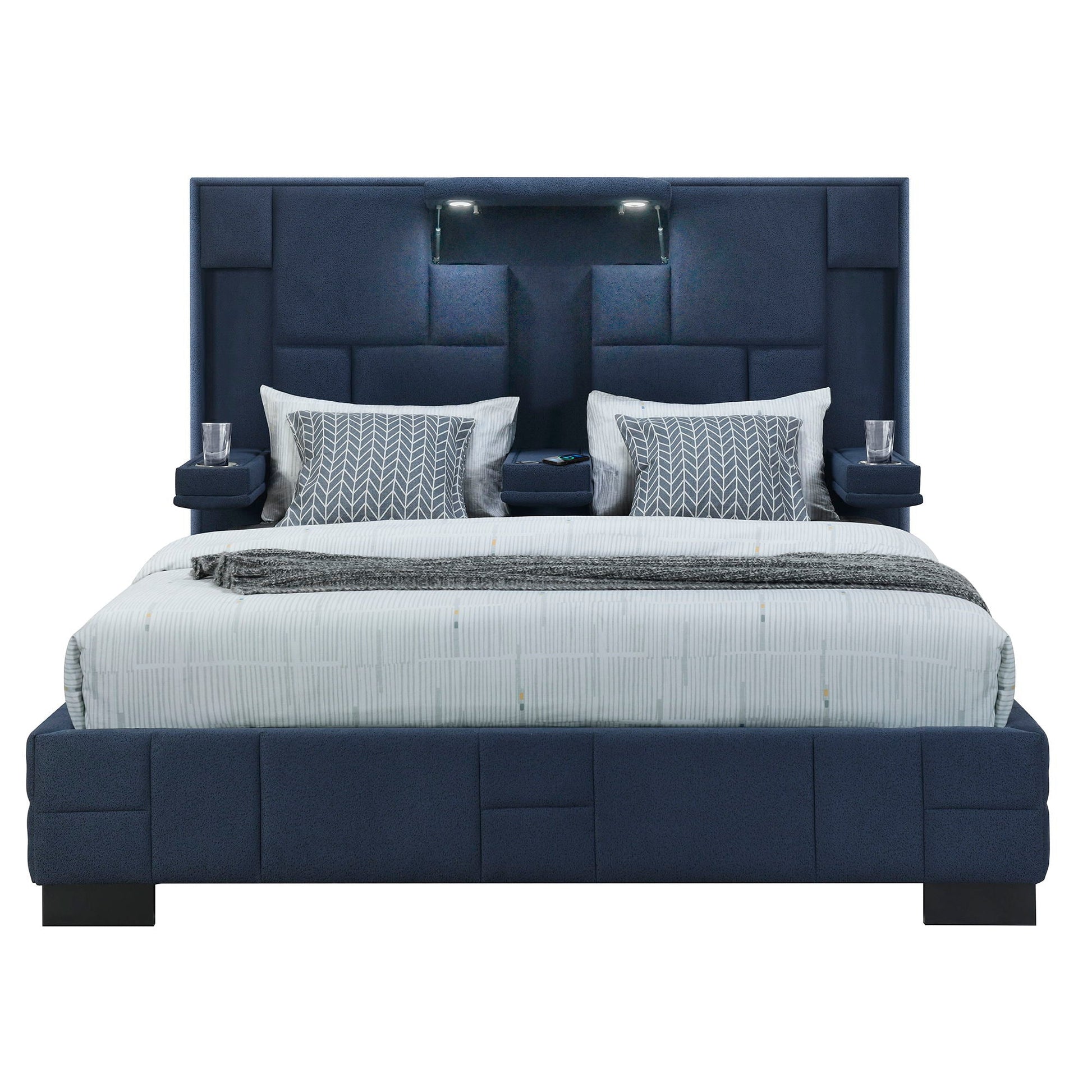 Yaris bed by HouseOfZazla in navy blue tufted upholstery with built-in reading lights on Tampa Home & Garden Store