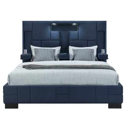 Yaris bed by HouseOfZazla in navy blue tufted upholstery with built-in reading lights on Tampa Home & Garden Store
