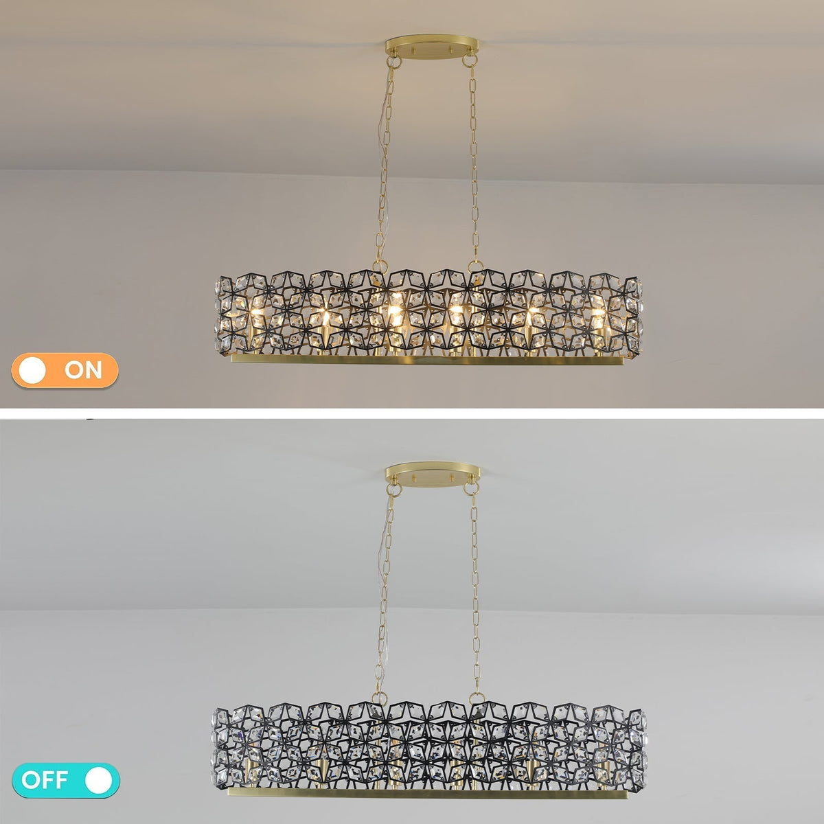 39-inch contemporary crystal and black-gold pendant chandelier with crystals and gold frame on Tampa Home & Garden Store