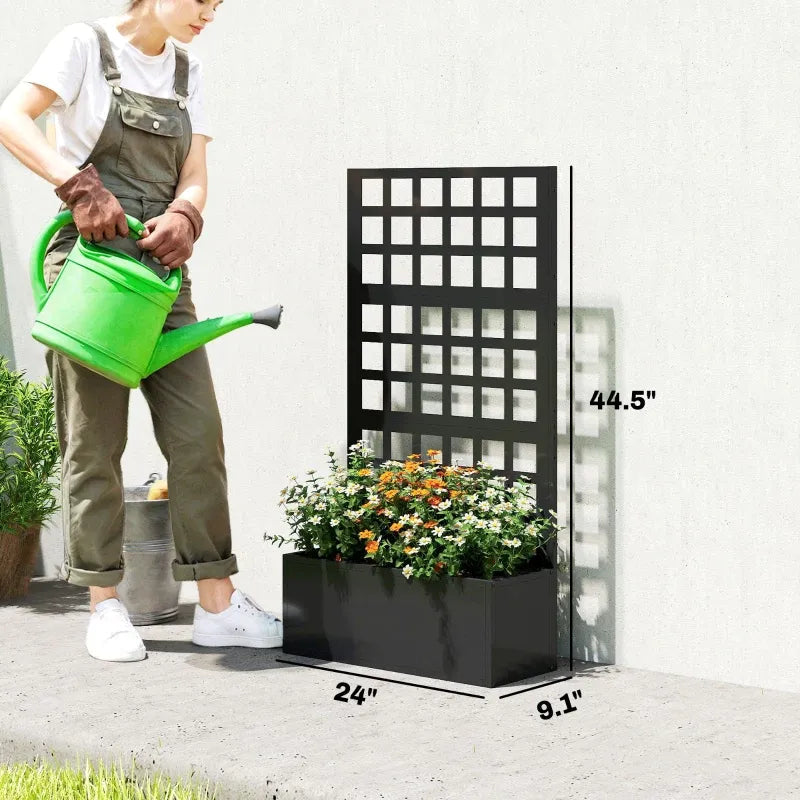 Planter Box Raised Garden Bed by HouseOfZazla, black planter with grid trellis, 24in wide on Tampa Home & Garden Store