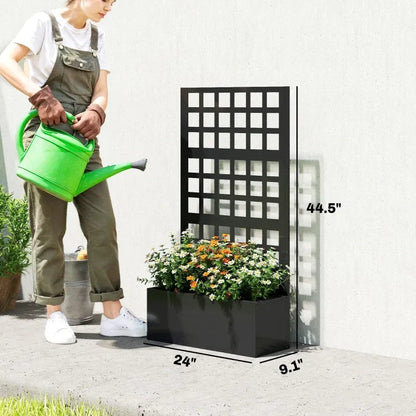 Planter Box Raised Garden Bed by HouseOfZazla, black planter with grid trellis, 24in wide on Tampa Home & Garden Store