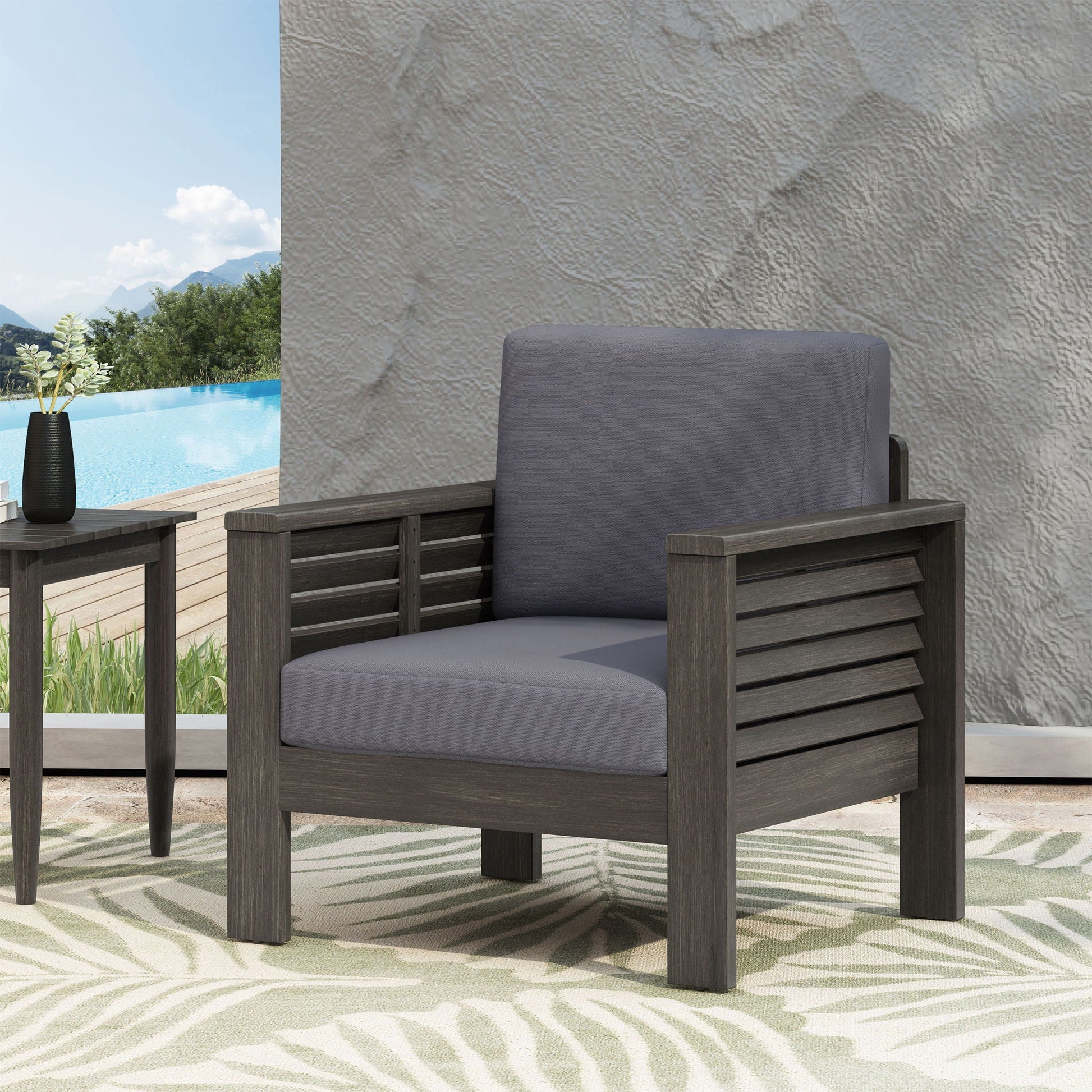 Slat Design Club Chairs with Cushions, pair of outdoor arm chairs in dark wood with gray cushions on Tampa Home & Garden Store