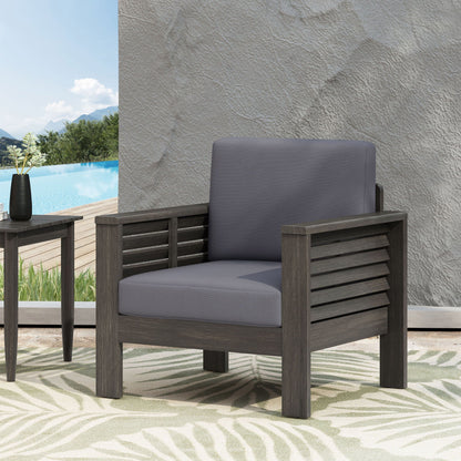 Slat Design Club Chairs with Cushions, pair of outdoor arm chairs in dark wood with gray cushions on Tampa Home & Garden Store