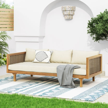 Claremont 3 Seater Daybed in teak acacia wood with water-resistant cushions and woven rattan sides on Tampa Home & Garden Store