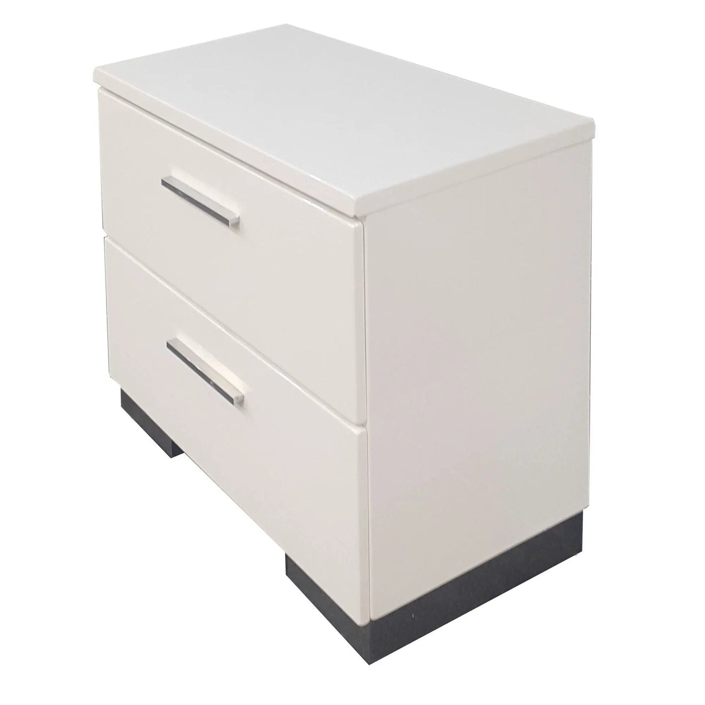 Lorimar white nightstand with three drawers and chrome bar pulls by Unique Piece Furniture on Tampa Home & Garden Store