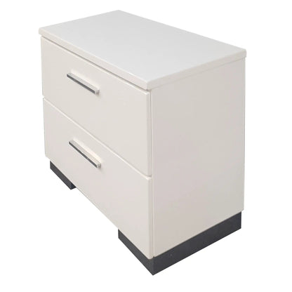 Lorimar white nightstand with three drawers and chrome bar pulls by Unique Piece Furniture on Tampa Home & Garden Store