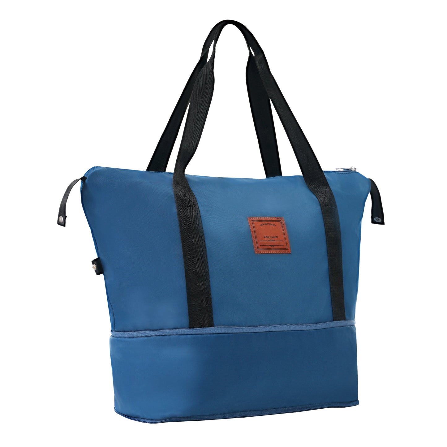 Blue luggage bag with black straps and brown patch on Tampa Home & Garden Store