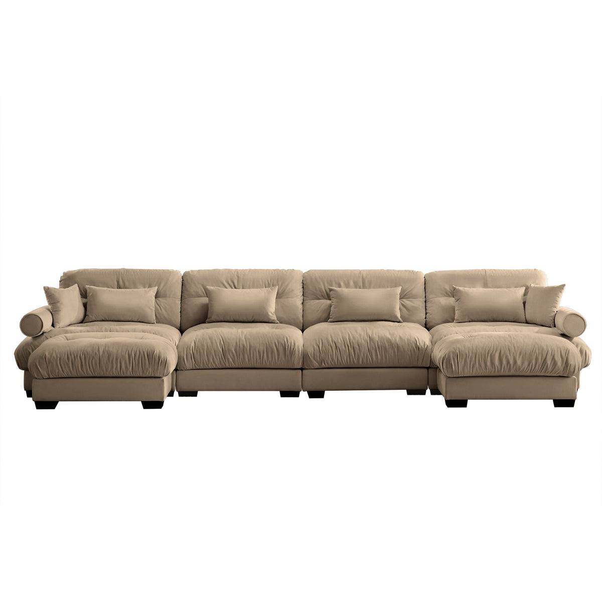 Tan 2-piece sectional sofa with ottoman, round bolster arms, waist and throw pillows on Tampa Home & Garden Store