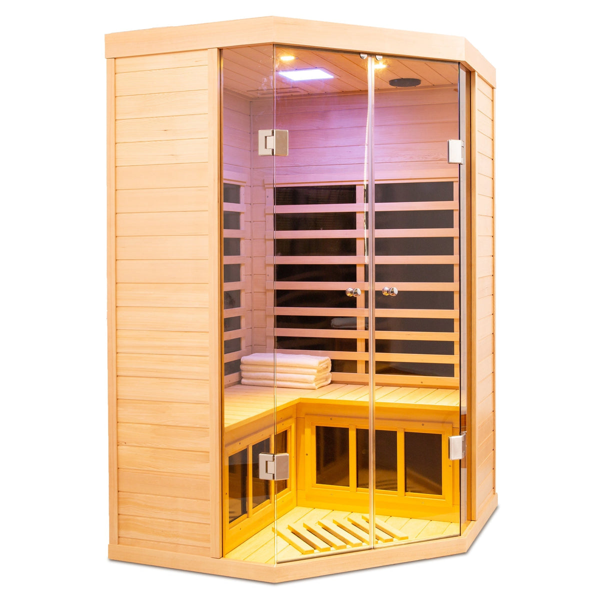 Deluxe Hemlock Far Infrared Corner Sauna with glass front for two, natural wood, interior bench on Tampa Home & Garden Store