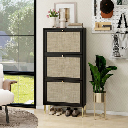Rattan 3 Door Shoe Rack Cabinet for Entryway
