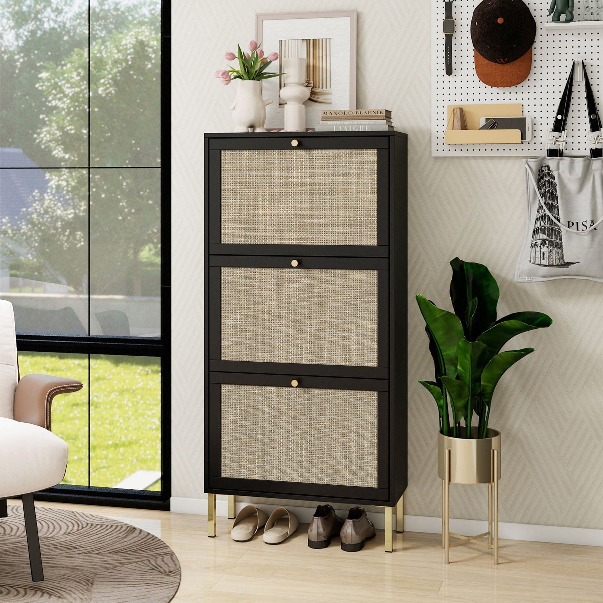 Modern rattan 3-door shoe rack cabinet in black frame with beige woven fronts HouseOfZazla on Tampa Home & Garden Store