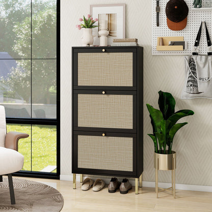 Modern rattan 3-door shoe rack cabinet in black frame with beige woven fronts HouseOfZazla on Tampa Home & Garden Store