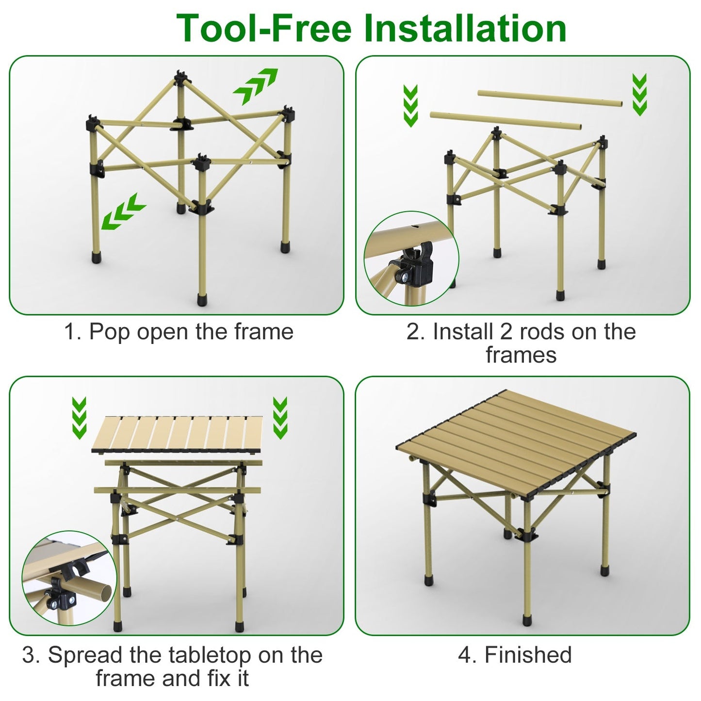 GemGear folding camping table frame in beige carbon steel with two rods for setup on Tampa Home & Garden Store
