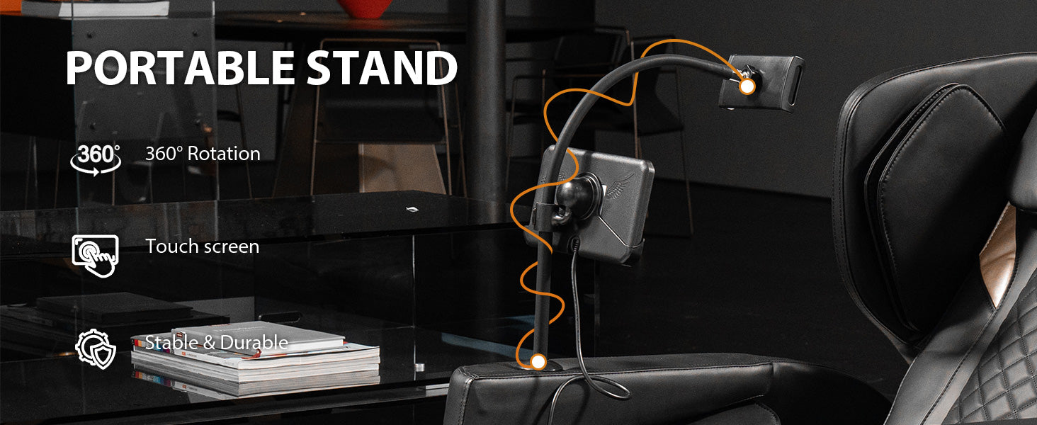Portable stand with 360° rotation and touch screen on a black massage chair by HouseOfZazla on Tampa Home & Garden Store